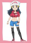  1girl alternate_costume beanie black_hair black_thighhighs blue_shorts border bracelet clenched_hands closed_mouth commentary_request cropped_jacket dawn_(pokemon) eyelashes full_body grey_eyes hainchu hair_ornament hairclip hat highres jacket jewelry long_hair looking_at_viewer pink_border pink_footwear pink_jacket pokemon pokemon_(anime) pokemon_dppt_(anime) poketch red_shirt shirt shoes shorts sidelocks smile solo split_mouth standing thighhighs watch white_background white_hat wristwatch 