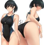  1girl amagami ass bangs black_eyes black_hair black_one-piece_swimsuit breasts competition_swimsuit covered_navel cowboy_shot from_behind hand_on_hip highres large_breasts looking_at_viewer looking_back medium_breasts multiple_views one-piece_swimsuit ponytail signature simple_background smile stopwatch stopwatch_around_neck swimsuit tsukahara_hibiki two-tone_swimsuit white_background yoo_tenchi 