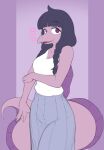  absurd_res anthro ather_os big_tail bottomwear braided_hair clothed clothing dinosaur female goodbye_volcano_high hair hi_res looking_at_viewer open_mouth purple_body purple_eyes purple_hair reptile rosemary_(gvh) scalie simple_background skirt snoot_game_(fan_game) solo tail 