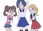  1boy 2girls :o alternate_costume armpits bangs black_eyes black_hair black_shirt black_thighhighs blonde_hair blue_skirt blush brown_hair calem_(pokemon) closed_mouth collared_shirt commentary_request crossdressing eyelashes green_eyes grey_shorts hand_on_own_chin hand_up highres multiple_girls pink_shirt pleated_skirt pokemon pokemon_(game) pokemon_xy ponytail red_skirt sana_(37pisana) serena_(pokemon) shauna_(pokemon) shirt short_hair short_sleeves shorts skirt sleeveless sleeveless_shirt stroking_own_chin sweatdrop thighhighs twintails white_shirt 