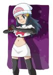  1girl beanie black_footwear black_gloves black_hair boots border closed_mouth commentary_request cosplay cropped_jacket dawn_(pokemon) elbow_gloves eyelashes gloves grey_eyes hainchu hair_ornament hairclip hands_up hat highres holding holding_poke_ball jacket jessie_(pokemon) jessie_(pokemon)_(cosplay) logo long_hair navel poke_ball poke_ball_(basic) pokemon pokemon_(anime) pokemon_dppt_(anime) purple_background skirt smile solo split_mouth team_rocket team_rocket_uniform thigh_boots white_border white_headwear white_jacket white_skirt 