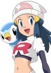  1girl :d absurdres beanie black_gloves black_hair black_shirt blue_eyes cosplay cropped_jacket dawn_(pokemon) elbow_gloves eyelashes gloves hainchu hat highres jacket jessie_(pokemon) jessie_(pokemon)_(cosplay) logo long_hair looking_at_viewer midriff navel on_shoulder open_mouth piplup pokemon pokemon_(anime) pokemon_(creature) pokemon_dppt_(anime) pokemon_on_shoulder shirt simple_background smile team_rocket team_rocket_uniform tongue white_background white_headwear white_jacket 