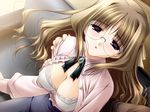  1girl bra breasts cleavage game_cg glasses indoors lingerie long_hair male_hand open_clothes open_mouth open_shirt shirt underwear 
