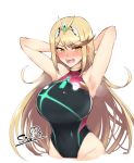  1girl armpits arms_behind_head bare_shoulders blonde_hair blush breasts competition_swimsuit eyebrows_visible_through_hair groin hair_ornament hikari_(xenoblade_2) large_breasts leotard long_hair looking_at_viewer nintendo one-piece_swimsuit open_mouth sian simple_background solo sweat sweatdrop swimsuit teeth white_background xenoblade_(series) xenoblade_2 yellow_eyes 