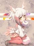  1girl bangs bird_tail bird_wings black_hair blush commentary_request eyebrows_visible_through_hair food frilled_sleeves frills fur_collar gloves head_wings highres japanese_crested_ibis_(kemono_friends) japari_bun japari_symbol kemono_friends kolshica long_sleeves multicolored_hair neck_ribbon pantyhose penny_loafers pleated_skirt red_gloves red_hair red_legwear ribbon short_hair sidelocks sitting skirt solo wariza white_hair wings yellow_eyes 