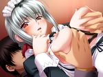  1boy 1girl aigan_reijou aigan_reijou_doll blush breast_grab breasts game_cg grabbing maid maid_headdress miyauchi_rei nipples okiyumi_kase open_mouth red_eyes silver_hair 