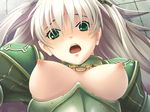  :o armor blush breastless_clothes breasts close-up embarrassed game_cg green_eyes hair_ribbon ikusa_otome_suvia large_breasts lipstick long_hair lying makeup nipples no_bra nobushito on_back on_ground open_mouth puffy_nipples ribbon silver_hair solo surprised twintails valkyrie valkyrie_suvia 