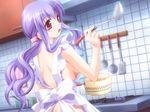 1girl apron breasts cooking game_cg indoors long_hair naked_apron open_mouth ponytail purple_hair red_eyes solo wavy_hair 