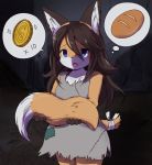  alley anthro bandage begging black_hair blue_eyes bread canid canine clothed clothing coin female food fox fur gold_(metal) gold_coin hair hair_between_eyes homeless kemono kemoribbon long_hair mammal money open_mouth severed_tail solo speech_bubble thought_bubble young 