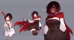  1girl black_hair breasts cape cookie eyebrows food kanel pajamas red_hair ruby_rose rwby scythe short_hair silver_eyes simple_background solo tank_top thighhighs two_tone_hair weapon 