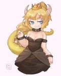  1girl black_dress black_nails blonde_hair bowsette breasts cleavage collar crown dang_chen dress eyebrows grin highres horns long_dress mario_(series) nail_polish new_super_mario_bros._u_deluxe nintendo pointy_ears sharp_teeth small_breasts smile solo spiked_armlet spiked_collar spiked_tail spikes strapless strapless_dress super_crown super_mario_bros. tail teeth wide_hips 