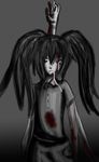  black_hair blood extra_arms hands highres monochrome monoko roos saliva solo spot_color tears twintails yume_nikki 