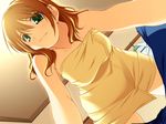  1girl breasts brown_hair game_cg green_eyes indoors kaneda_miku naked_towel pov smile solo tokyo_fuusa towel 