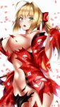  1girl ahoge bangs bare_shoulders blonde_hair blush body_writing breasts farys_(afopahqfw) fate/extra fate_(series) floral_print green_eyes hair_between_eyes hair_intakes highres japanese_clothes kimono large_breasts long_hair looking_at_viewer navel nero_claudius_(fate) nero_claudius_(fate)_(all) petals ponytail red_kimono simple_background solo tally torn_clothes torn_kimono white_background 