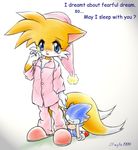  blonde_hair blue_eyes blush engrish fox hat j-fujita miles_prower pajamas plush ranguage slippers sonic_the_hedgehog stuffed_toy tears trap 