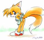  1boy apron ass blonde_hair blue_eyes blush footwear fox full_body furry j-fujita male_focus miles_prower multiple_tails shoes socks solo sonic_the_hedgehog tail trap two_tails 
