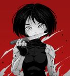  1girl bob_cut bodysuit breasts combat_knife cyberpunk cyborg dang_chen earrings fingerless_gloves gally gloves gunnm head_tilt highres jewelry knife looking_at_viewer mechanical_arms medium_breasts monochrome mouth_hold red_background short_hair skin_tight sleeveless sleeveless_bodysuit solo stud_earrings twitter_username weapon 