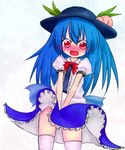  blue_hair blush food fruit hat hinanawi_tenshi peach red_eyes solo tatsumoto thighhighs touhou traditional_media wind wind_lift 