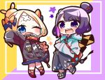  2girls ;d abigail_williams_(fate/grand_order) absurdres bag bangs black_bow black_footwear black_jacket black_pants blonde_hair blue_eyes blush bow chibi commentary_request crossed_bandaids fate/grand_order fate_(series) grey_jacket hair_bow hair_bun hair_ornament hands_in_pockets highres hood hood_down hooded_jacket jacket jako_(jakoo21) katsushika_hokusai_(fate/grand_order) long_sleeves multiple_girls object_hug one_eye_closed open_mouth orange_bow outstretched_arm pants parted_bangs polka_dot polka_dot_bow purple_eyes purple_hair red_footwear shoes shoulder_bag sleeves_past_fingers sleeves_past_wrists smile standing standing_on_one_leg star stuffed_animal stuffed_toy teddy_bear zipper_pull_tab 