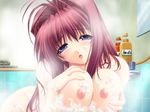  1girl bathroom breasts game_cg indoors nipples soapy solo 