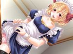  1girl blonde_hair game_cg indoors maid maid_uniform panties pink_panties red_eyes red_ribbons ribbon ribbons solo underwear 