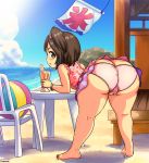  1girl ass bare_arms bare_legs bare_shoulders beach_ball bent_over blue_sky butt_crack cameltoe chair cloud cloudy_sky day female food fruit glass huge_ass idolmaster idolmaster_cinderella_girls legs_apart looking_at_viewer looking_back open_mouth outdoors panties pink_panties shimetta_masuta sideways_mouth skirt sky solo straw table thighs underwear yanase_miyuki 