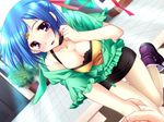 1girl blue_hair breasts cleavage erect_nipples game_cg male_hand outdoors skirt 