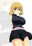 alternate_costume arms_behind_back bad_id bad_pixiv_id bare_legs blonde_hair blush breasts buta_(uhoiiotoko) frown highres impossible_clothes impossible_shirt large_breasts looking_at_viewer mizuhashi_parsee pointy_ears sash shirt short_hair sleeveless solo touhou zoom_layer 