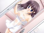  1girl bathroom blue_eyes breasts embarrassed game_cg indoors medium_breasts purple_hair see-through solo towel wet 