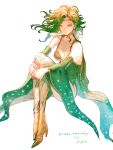  1girl absurdres bare_shoulders breasts cape character_name circlet cleavage closed_mouth collarbone copyright_name detached_sleeves earrings final_fantasy final_fantasy_iv green_cape green_eyes green_hair hair_intakes high_heels highres jewelry kuroimori legs_together long_hair long_sleeves looking_at_viewer medium_breasts rydia simple_background solo star star_earrings star_print white_background wide_sleeves 