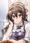  1girl apron arm_rest ashigara_(kancolle) breasts brown_eyes brown_hair fangs fangs_out hairband hand_on_own_cheek hand_on_own_face highres kantai_collection long_hair looking_at_viewer medium_breasts ponytail purple_apron shirt smile solo wavy_hair white_hairband white_shirt yo-suke 
