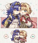  2girls ;d ^_^ apron artist_request black_dress blonde_hair blue_eyes blue_hair braid braided_bangs brown_dress cheek-to-cheek chibi chibi_inset cloak closed_eyes closed_mouth collared_dress colored_inner_hair commission deformed dress frilled_apron frills full_body grey_background hair_intakes hair_ornament hair_ribbon hand_up heads_together heart kiperina long_hair low_ponytail multicolored_hair multiple_girls neckerchief one_eye_closed ponytail red_cloak red_neckerchief red_ribbon reverse:1999 ribbon school_uniform second-party_source smile soviet_school_uniform sparkle speech_bubble spoken_heart star_(symbol) star_hair_ornament upper_body voyager_(reverse:1999) white_apron 