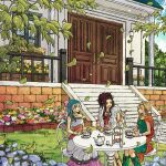  3girls anklet bare_shoulders bead_anklet beads bianca_(dq5) blonde_hair blue_flower blue_hair boots braid breasts brick_wall brown_hair choker deborah_(dq5) door dragon_quest dragon_quest_v dress earrings falling_leaves flora_(dq5) flower fur_scarf garden green_boots green_dress hair_flower hair_ornament hair_over_shoulder hair_ribbon half_updo highres jewelry leaf long_dress long_hair looking_at_another medium_breasts multicolored_dress multiple_girls necklace open_mouth orange_cloak outdoors parted_bangs pink_flower pink_ribbon red_flower ribbon siblings single_braid sisters sitting smile swept_bangs table toriga white_flower yellow_flower 