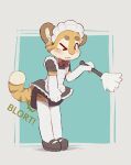 4_fingers abstract_background anthro armwear blush clothing diaper elbow_gloves embarrassed felid fingers fur gloves handwear maid_uniform male mammal pantherine skidoo soiled_diaper third-party_edit tiger unclean_diaper uniform used_diaper