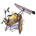  apple apple_(reverse:1999) blade_catching food fruit golden_apple haihaiera highres knife monocle no_humans object_focus official_alternate_costume reverse:1999 simple_background sweat trembling white_background 