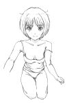  1girl amagami bare_shoulders blush bob_cut breasts camisole cleavage closed_mouth collarbone commentary cropped_arm cropped_arms curled_fingers foreshortening from_above greyscale groin hatching_(texture) highres kneeling kyonsam321go looking_at_viewer looking_up loose_hair_strand messy_hair midriff_peek monochrome no_bra panties selfie short_hair simple_background sketch small_breasts smile solo strap_slip tachibana_miya thigh_gap underwear white_background 