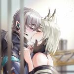  1boy 1girl animal_ear_fluff animal_ears arknights bare_shoulders black_coat black_gloves blush cat_ears closed_eyes coat day doctor_(arknights) french_kiss from_side gloves grey_hair hairtail hand_on_another&#039;s_cheek hand_on_another&#039;s_face headset hetero highres hood hood_down hooded_coat kal&#039;tsit_(arknights) kiss long_hair long_sleeves male_doctor_(arknights) outdoors ponytail short_hair upper_body 