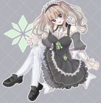  1girl 9-nine- :d black_dress black_shoes blue_eyes blush bow bowtie breasts brown_hair commentary detached_sleeves dress dress_bow eyes_visible_through_hair floating_hair frilled_dress frilled_sleeves frills full_body green_bow grey_background grey_bow grey_bowtie hair_between_eyes hand_up happy highres knees_together_feet_apart knees_up kujou_miyako large_breasts loafers long_hair looking_at_viewer maid maid_headdress nine_ball_maid_uniform official_alternate_costume official_alternate_hairstyle open_mouth outline outstretched_hand pantyhose sakaniwa_t shoes sidelocks signature simple_background sitting sleeveless sleeveless_dress sleeves_past_wrists smile solo twintails waving white_outline white_pantyhose 