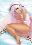  1girl aged_down altera_(fate) ass bangs bare_shoulders barefoot body_markings breasts collarbone dark-skinned_female dark_skin fate/extella fate/extra fate_(series) looking_at_viewer lying on_side one-piece_swimsuit one_eye_closed red_eyes senbon_tsuki short_hair small_breasts smile swimsuit thighs veil wet white_hair white_one-piece_swimsuit 