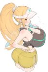  1girl absurdres ass bare_shoulders black_sports_bra blonde_hair blush bracelet breasts chest_jewel cleavage collarbone earrings gonzarez hair_ornament highres holding holding_towel huge_breasts jewelry large_breasts long_hair midriff mythra_(xenoblade) ponytail shorts simple_background solo sports_bra sportswear sweat sweatdrop tight_clothes towel very_long_hair visor_cap white_background workout_clothes xenoblade_chronicles_(series) xenoblade_chronicles_2 yellow_eyes yellow_shorts 