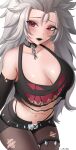  1girl absurdres artist_name belt black_belt black_collar black_lips black_sleeves blush breasts chain cleavage closed_mouth collar collarbone detached_sleeves grey_hair highres long_hair navel pantyhose pink_eyes shadow solo stomach tank_top torn_clothes torn_pantyhose torn_tank_top velvet_noir virtual_youtuber vshojo white_background zentreya zentreya_(werewolf) 