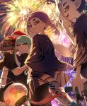  2boys 2girls absurdres aerial_fireworks aqua_hair bamboozler_14_(splatoon) black_jacket black_pants black_shorts black_shrug blue_eyes blue_hair blue_haori blurry blurry_background braid closed_eyes closed_mouth decavitator_(splatoon) fangs fireworks fox_mask grin haori highres holding holding_lantern holding_mask holding_weapon inkling inkling_boy inkling_girl inkling_player_character jacket japanese_clothes lantern long_hair long_sleeves looking_at_viewer mask multiple_boys multiple_girls nuo_001 octobrush_(splatoon) open_mouth pants pointy_ears purple_hair red_hair shirt short_hair shorts shrug_(clothing) single_braid smile splatoon_(series) tentacle_hair unworn_mask weapon white_shirt wide_sleeves yellow_eyes 
