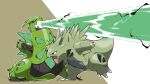  black_sclera blacknirrow breath_weapon bright_pupils claws colored_sclera commentary energy_beam fangs green_eyes highres iron_thorns no_humans non-humanoid_robot open_mouth outline pokemon pokemon_(creature) pokemon_focus robot simple_background skin_fangs two-tone_background tyranitar v-shaped_eyes white_outline white_pupils 
