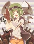  belt belt_buckle bird breasts brown_gloves buckle cat city cityscape clapping duck facepaint gloves goggles goggles_on_head green_eyes green_hair gumi huwahuwacooky megaphone open_mouth panda_hero_(vocaloid) photo_background shirt short_hair short_sleeves shorts sign small_breasts striped striped_background vest vocaloid white_shirt 