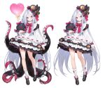  1girl @_@ absurdres adelie_cat balloon black_bow black_dress black_shoes bow bowtie closed_mouth collar commentary_request creature double-parted_bangs dress eye_hair_ornament frilled_collar frilled_dress frilled_sleeves frilled_socks frills full_body grey_hair hair_between_eyes heart_balloon high_collar highres holding holding_creature indie_virtual_youtuber layered_dress lolita_fashion long_hair long_hair_between_eyes long_sidelocks long_sleeves lulunya_apatia multicolored_dress multicolored_eyes multiple_views penny_loafers pink_bow pink_bowtie pink_trim puffy_sleeves purple_eyes red_eyes sash second-party_source shoes sidelocks simple_background smile socks solo tentacle_clothes tentacles too_many_eyes two-tone_eyes very_long_hair very_long_sidelocks white_background white_dress white_sash white_socks 