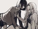  2girls blush blush_visible_through_hair bow bowtie bra collared_shirt commentary_request greyscale jacket kirarazaka_marina kuze_shizuka long_hair long_sleeves looking_at_another monochrome multiple_girls nose_blush open_clothes open_jacket open_shirt school_uniform shirt short_hair sketch skirt soani takopii_no_genzai underwear wing_collar yuri 