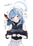  1girl absurdres ako_(blue_archive) alternate_costume arms_under_breasts bare_shoulders beret black_shirt blue_archive blue_eyes blue_hair blue_halo blush breasts casual commentary_request cowboy_shot earrings eryuus3 hair_behind_ear hair_between_eyes halo hat highres jewelry large_breasts lips looking_at_viewer medium_hair off-shoulder_shirt off_shoulder open_mouth pleated_skirt shirt short_sleeves simple_background sketch skirt solo stud_earrings sweatdrop tareme teeth translation_request turtleneck turtleneck_shirt upper_teeth_only white_background white_hat white_skirt 