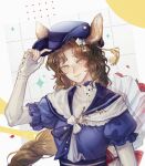  1girl adjusting_clothes adjusting_headwear animal_ears arm_up blue_hat blue_sailor_collar blue_shirt bouquet brown_hair deer_ears deer_girl flower green_eyes hair_flower hair_ornament hand_on_headwear hand_up hat highres jessica_(reverse:1999) jessica_(voyage_from_your_bed)_(reverse:1999) layered_sleeves long_braid long_hair long_sleeves looking_at_viewer mummeemeemama official_alternate_costume red_flower red_rose reverse:1999 rose sailor_collar shirt short_over_long_sleeves short_sleeves smile solo upper_body white_background white_flower white_sleeves 