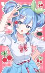  1girl aqua_eyes aqua_hair blush bow cherry cherry_earrings cherry_pop_(vocaloid) clothes_around_waist collarbone collared_shirt double_bun earrings food food-themed_earrings fruit green_hairband hair_bun hair_ornament hairband hatsune_miku heart heart_hair_ornament highres holding holding_cherry jacket jacket_around_waist jewelry looking_at_viewer medium_hair multicolored_hair open_mouth pina710 plaid_background plaid_bow plaid_clothes plaid_skirt red_bow red_hair red_nails red_skirt shirt skirt solo three-quarter_sleeves twitter_username white_shirt 