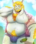  1boy arm_behind_head arm_hair artist_name asgore_dreemurr bara bare_pectorals beard belly biceps blonde_hair blue_male_underwear blue_sky bulge chest_hair cloud cloudy_sky deltarune english_commentary facial_hair fangs fat floppy_ears furry furry_male goat_horns grin hand_on_own_head highres holding holding_hose horns hose k1ngl3on looking_at_viewer male_focus male_underwear mustache navel nipples open_clothes open_shirt pectorals pink_shirt plump shirt shy sky smile stomach_hair undertale underwear white_fur 